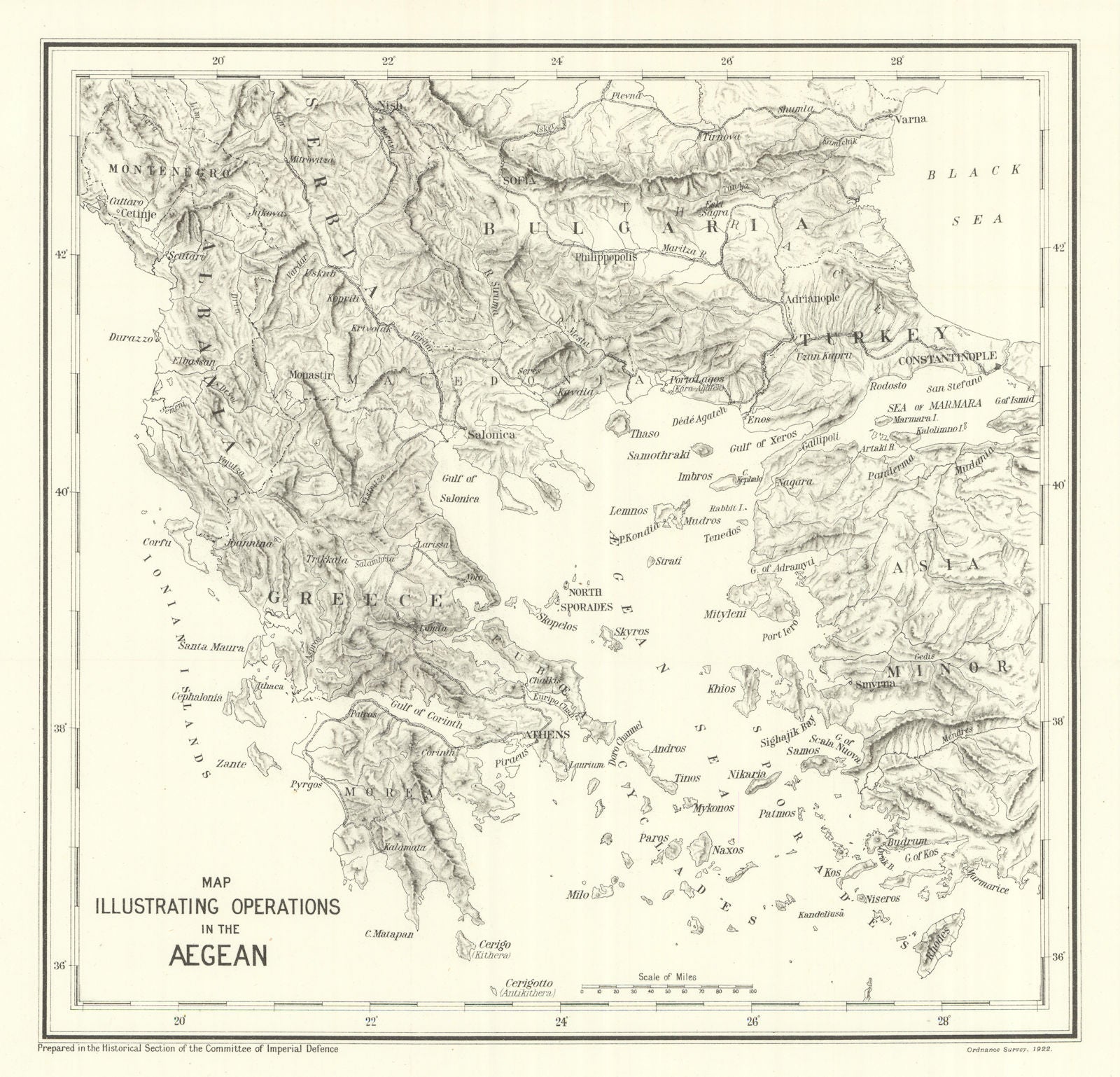 Map illustrating operations in the Aegean 1915. First World War. 1923 old